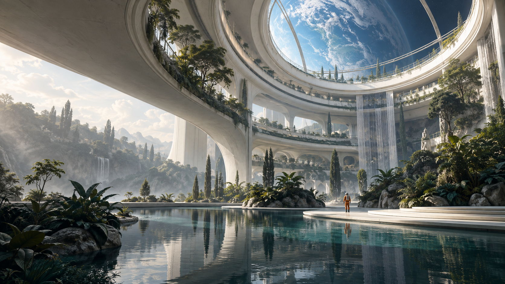 轨道温室中的植物和水面，圆形天窗外可见蓝色行星