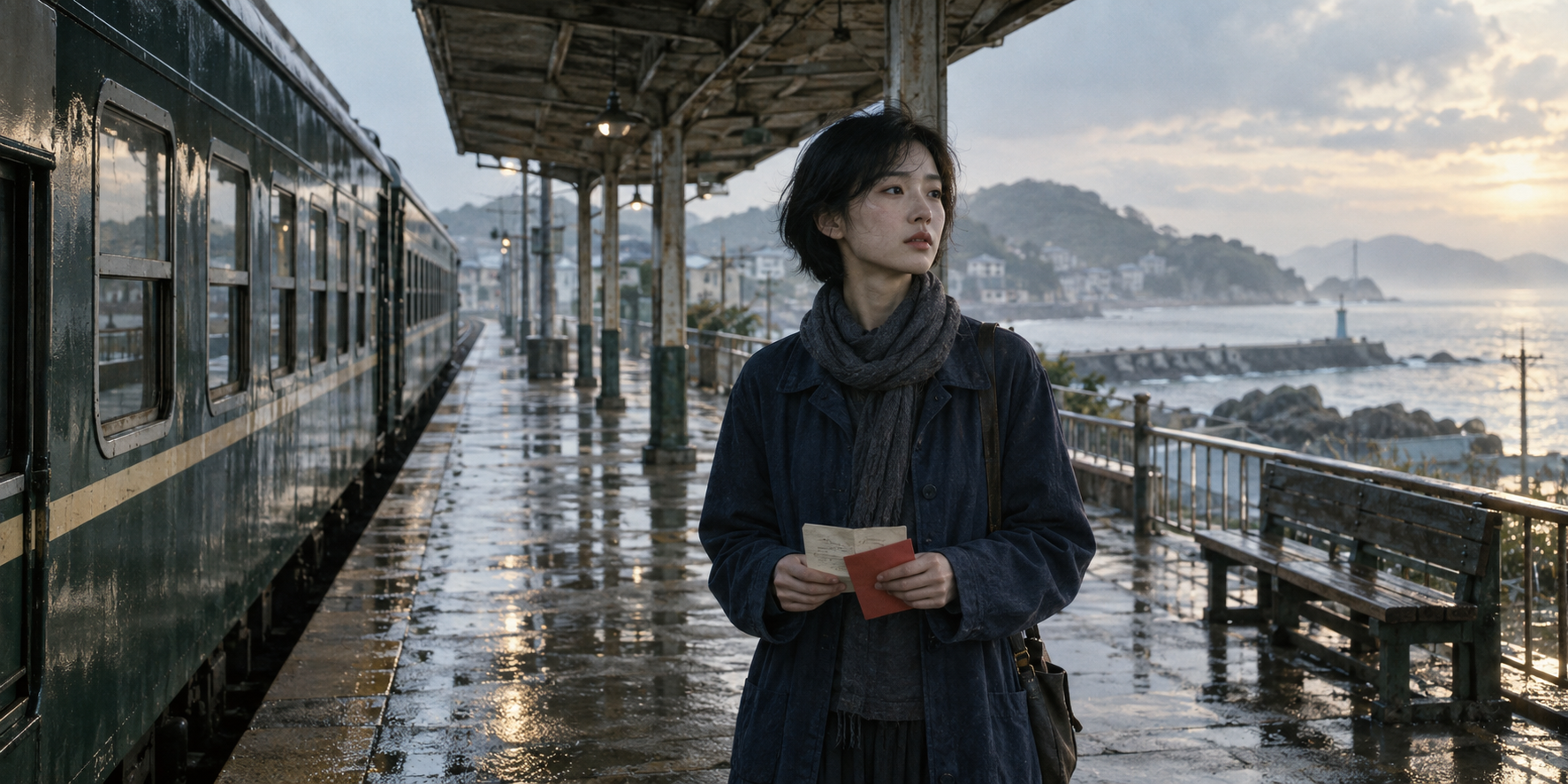 雨后的海边站台，一个拿着旧信的女子等待列车